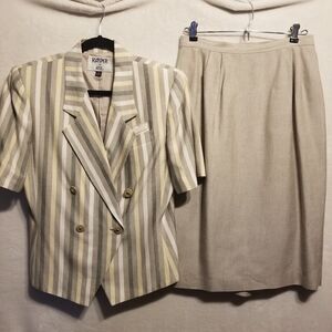 Kasper for A.S.L. 8 Suit Set Jacket Skirt Linen Blend Beige Striped Vintage 90s